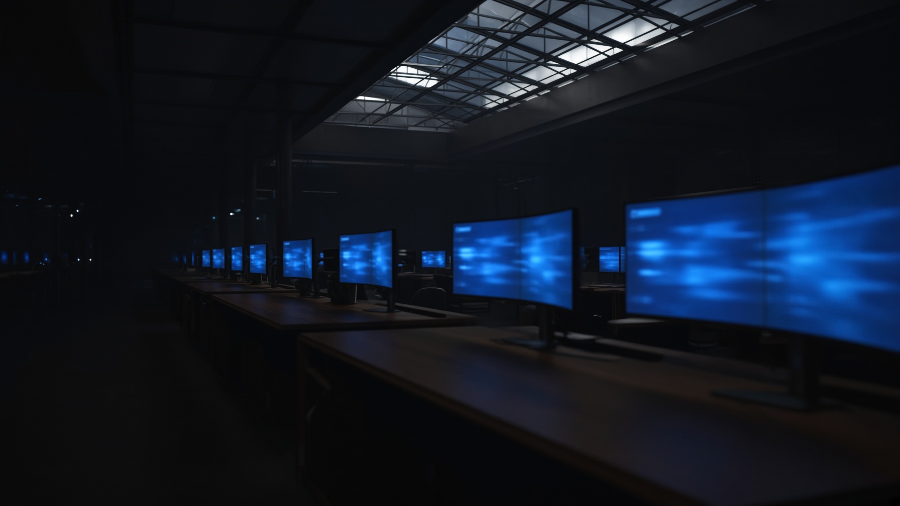 Dark metal and glass modules with a single path of blue light.